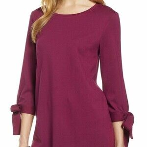 Halogen Ponte Tunic Top Tie Sleeve Business Shirt In Purple Maroon Size XS $69